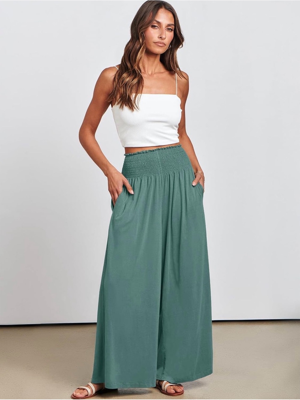 Anrabess Smocked High-Waist Wide-Leg Pants in Grass
